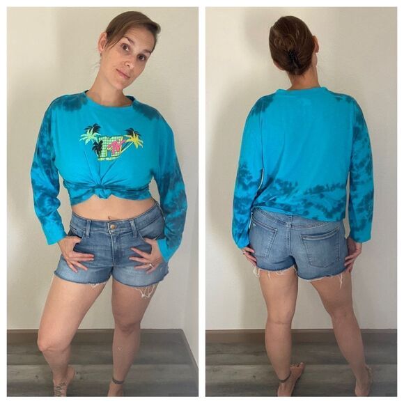 MTV Boxy Crop Top Blue Tie Dye Long Sleeve Plus XXL - Picture 2 of 11